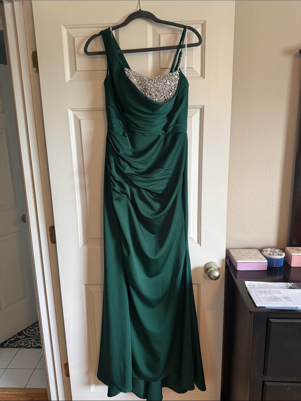 Dollhouse Emerald Green Prom Gown with Beaded Bodice